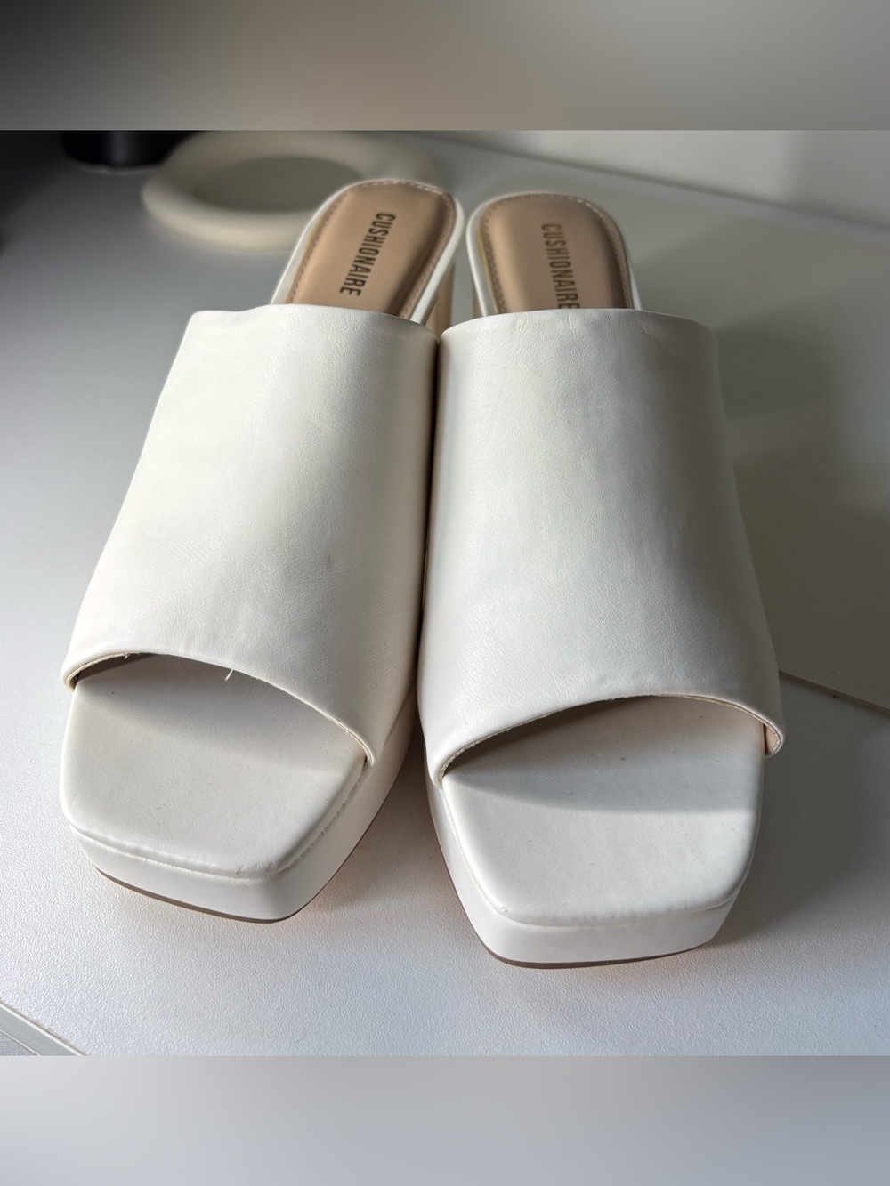 Cushionaire White Slide Heels - Minimal Square Toe Mules